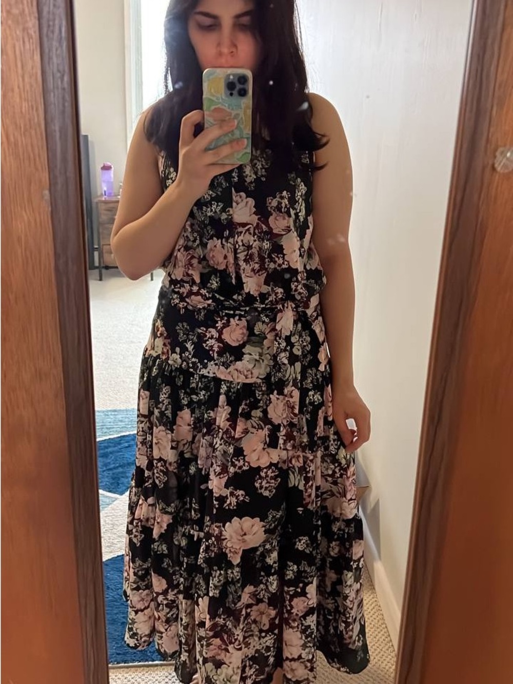 Hand Crafted Black Maxi Dress with Pink Floral Print